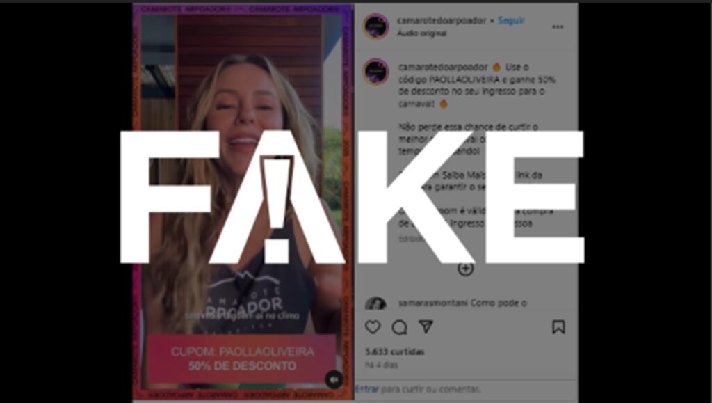 É #FAKE post que usa vídeo de Paolla Oliveira para anunciar desconto de 50% em camarote no Carnaval 2025; trata-se de golpe