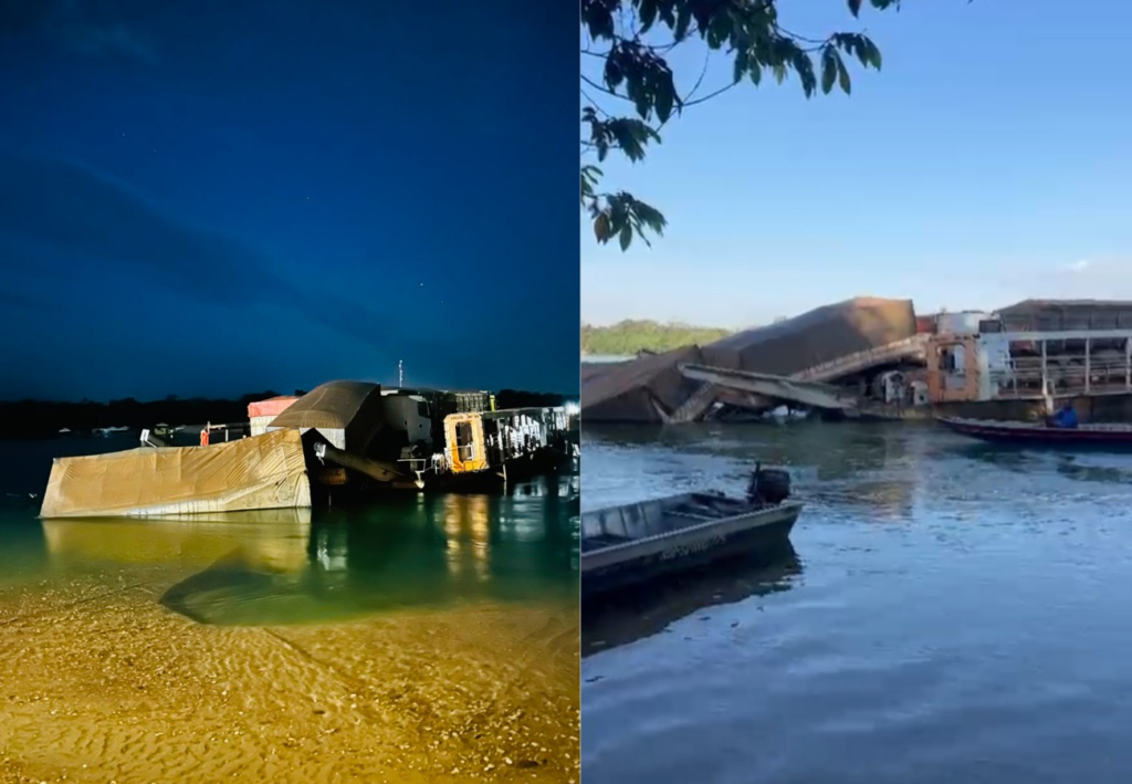 Caminhão fica pendurado após descer rampa de balsa no Rio Tocantins; vídeo