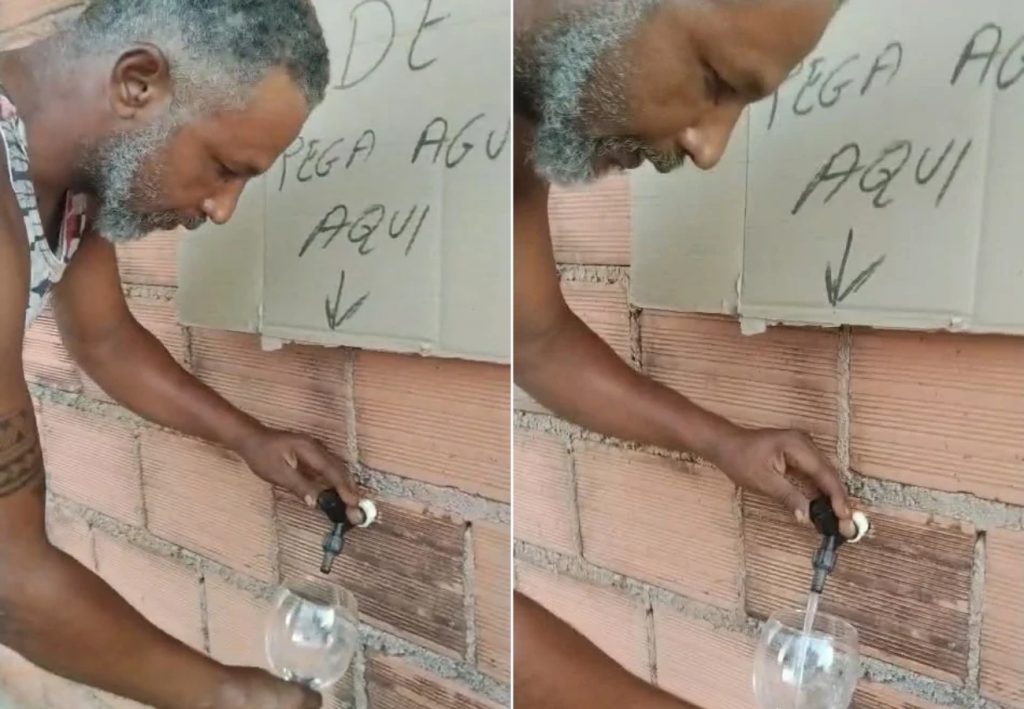 Morador instala torneira em muro de casa e disponibiliza água para vizinhos durante crise hídrica no interior do TO; VÍDEO